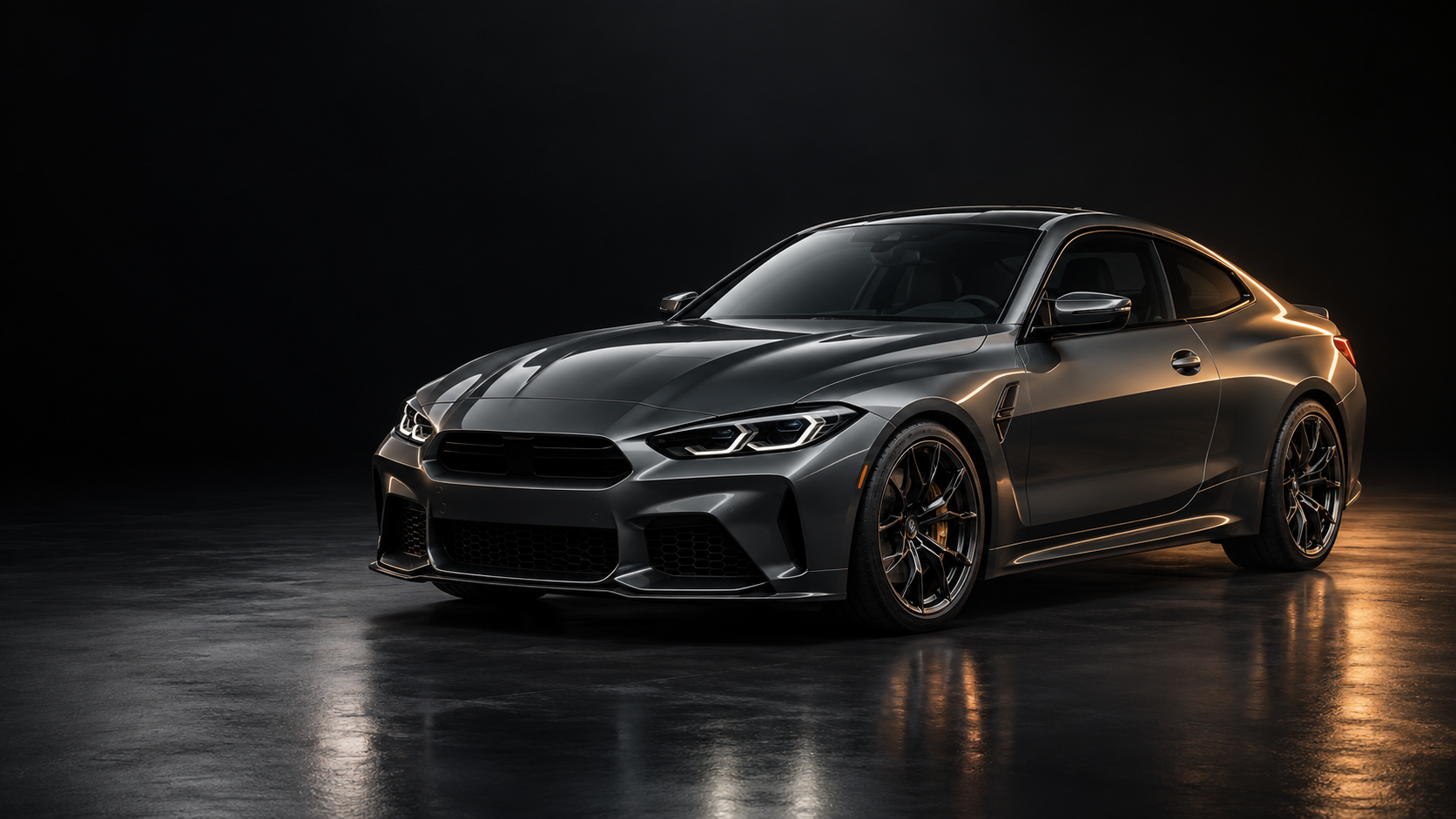 Studio concept image of a graphite sports coupe with polished paintwork